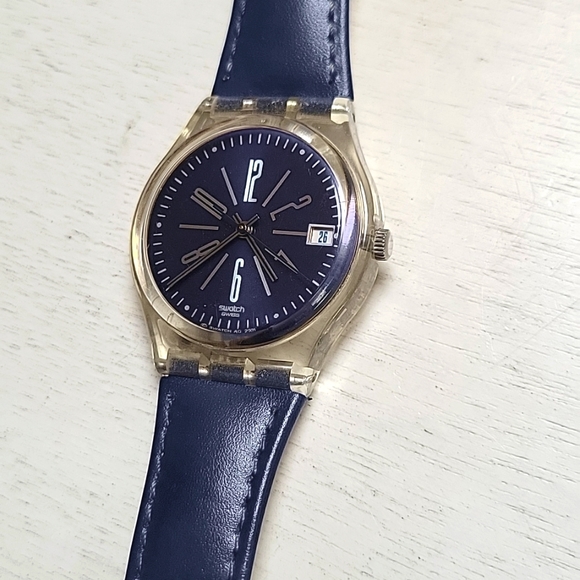 Like New, Swatch Navy Blue Leather Band/Face with Clear See-Thru Back